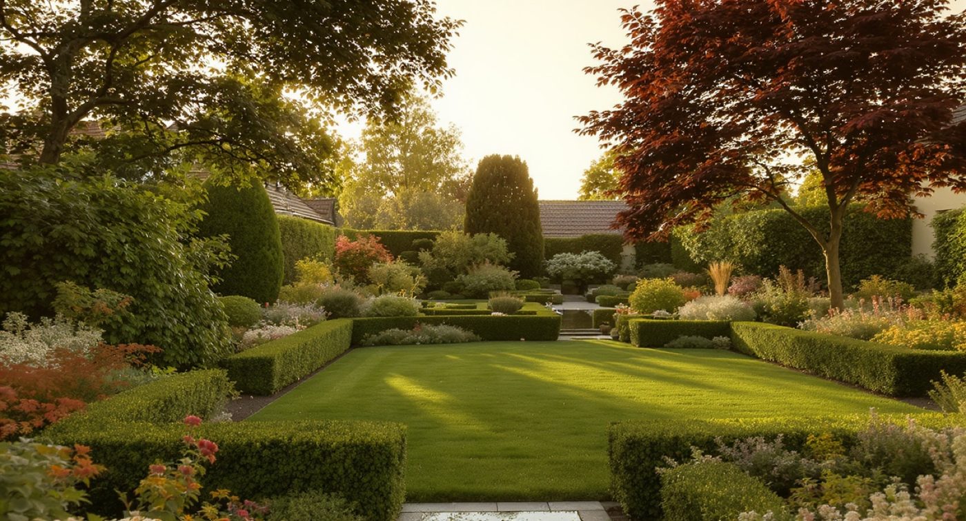 Gartenszene im Morgenlicht mit Bäumen und Wiese