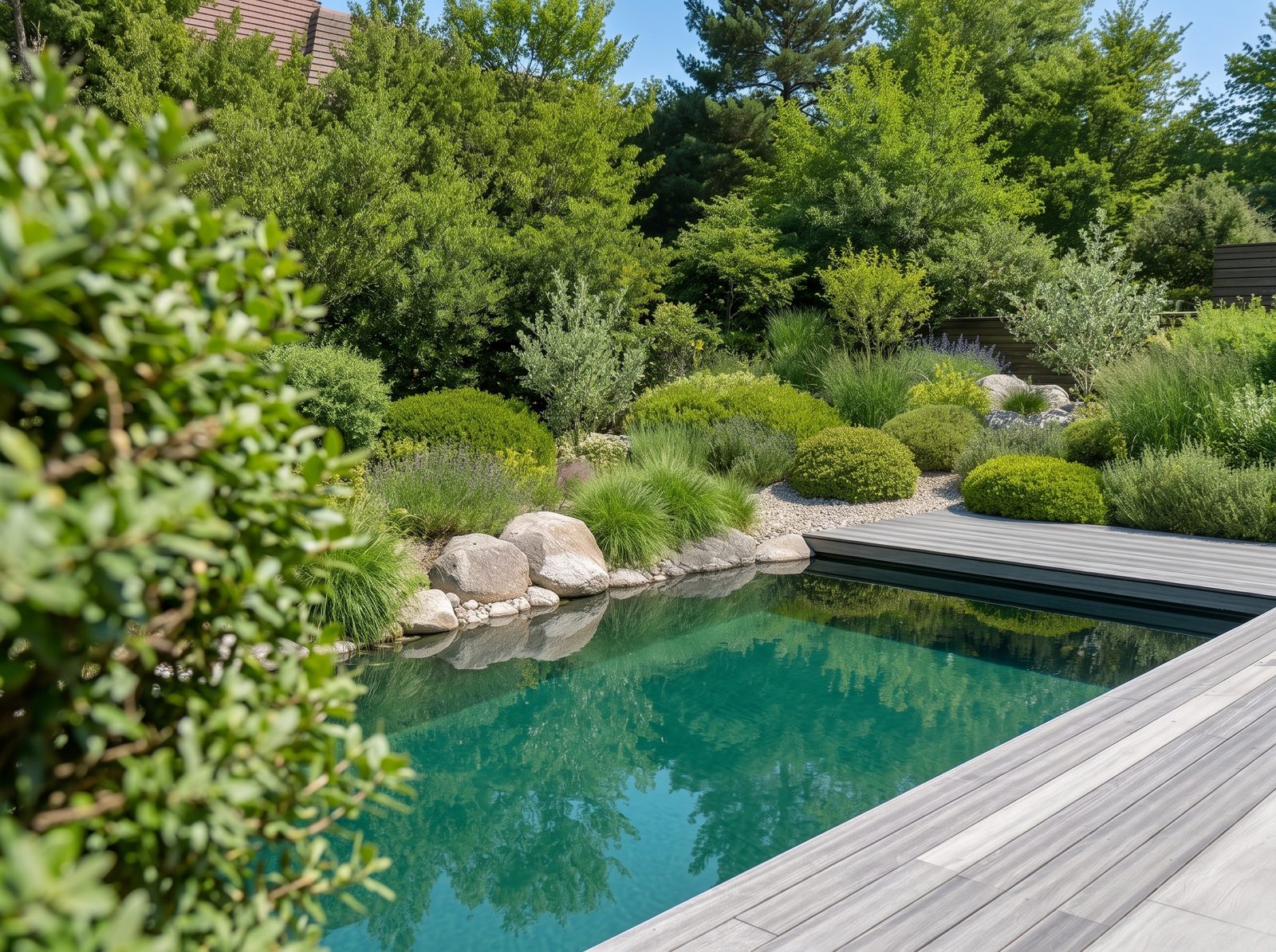 Schwimmteich mit klarer Wasserfläche, Natursteinufer und Holzdeck in einem angelegten Garten