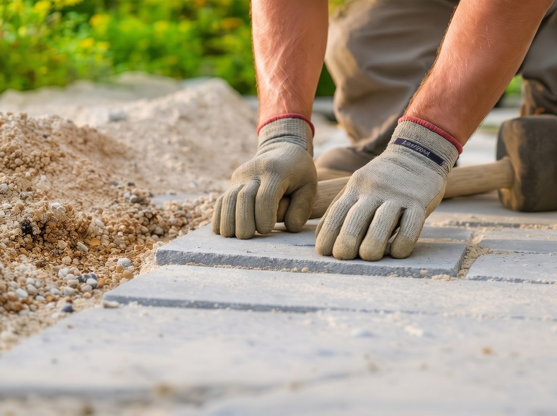 Hände in Arbeitshandschuhen setzen eine Natursteinplatte in ein Sandbett