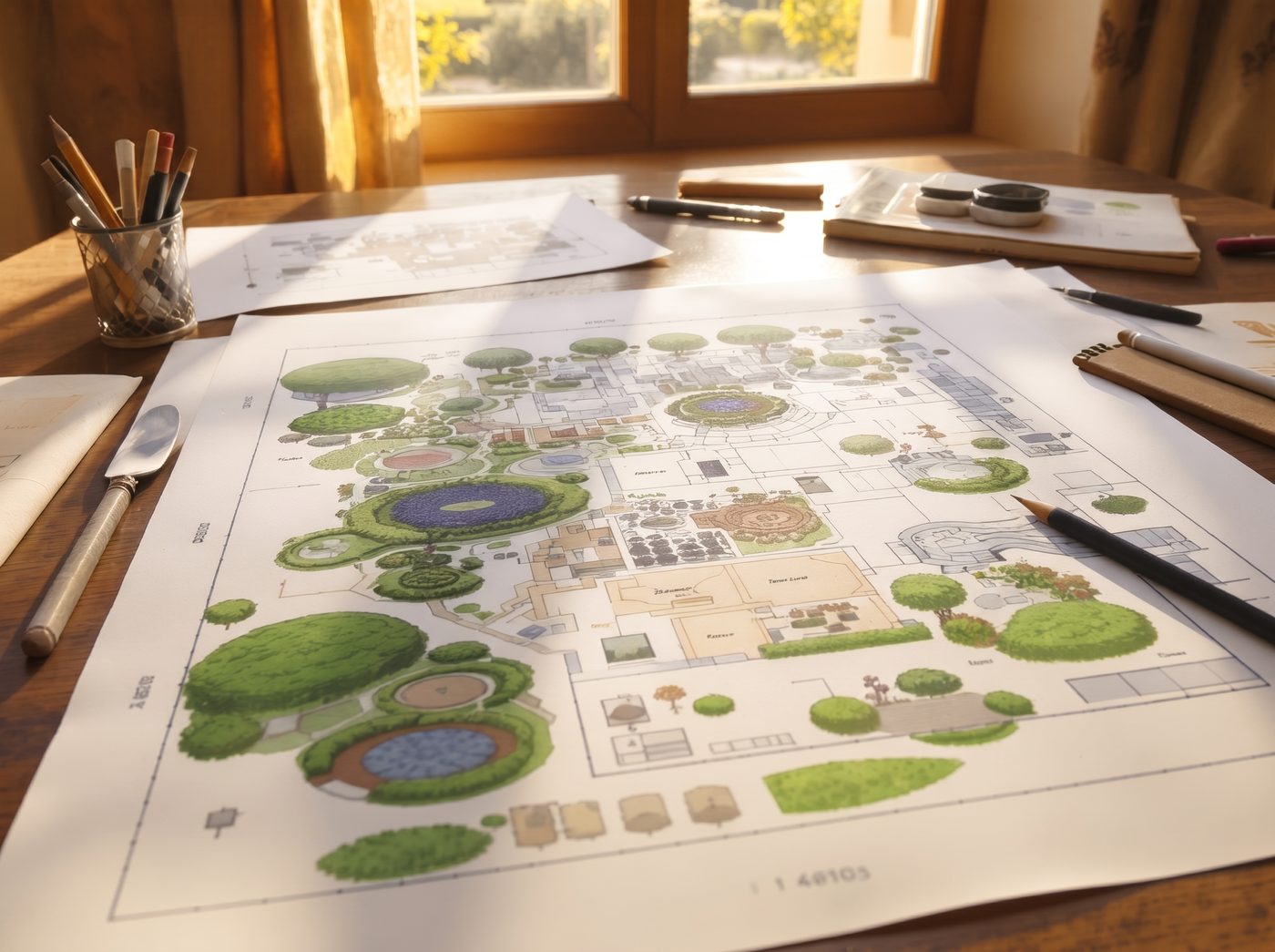 Gartenplan mit Pflanzkonzept auf einem Zeichentisch, daneben Stifte und Maßstab
